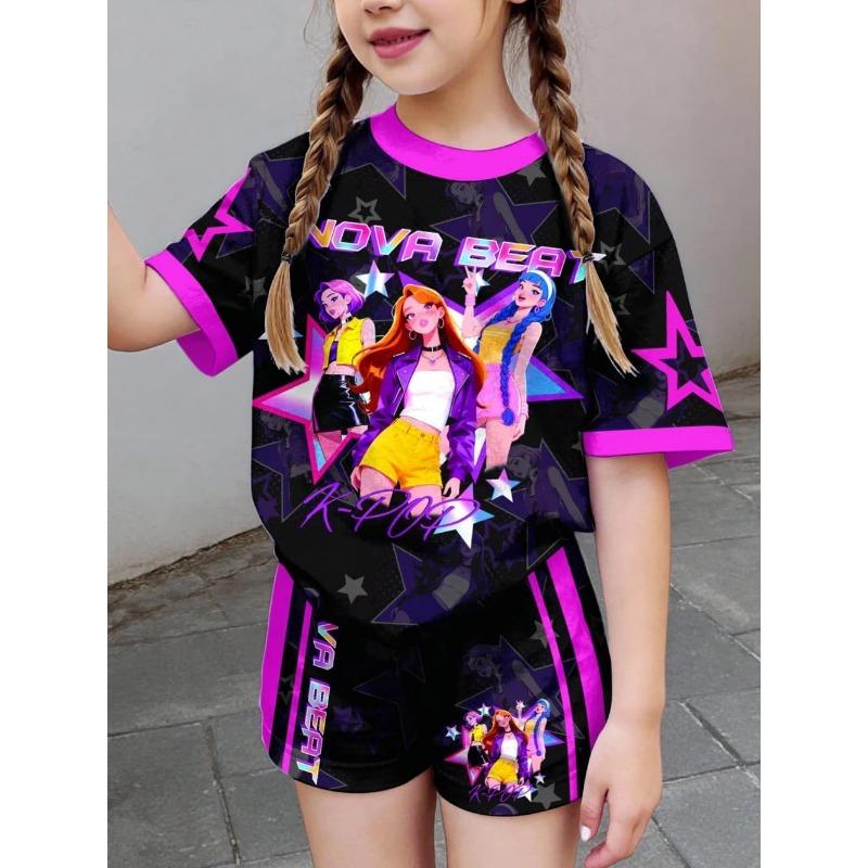 Kpop Cartoon Graphic Girls T-Shirt and Pants Set Girls' Summer Clothing Cute Short Sleeve Set Children's T-Shirt and Shorts Set