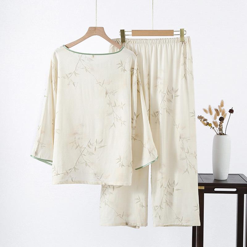 2026 Spring/Summer New Women's Pajama Set with Bamboo Fiber Seven Leg Sleeve and Nine Leg Pants Two Piece Home Clothes Ladies