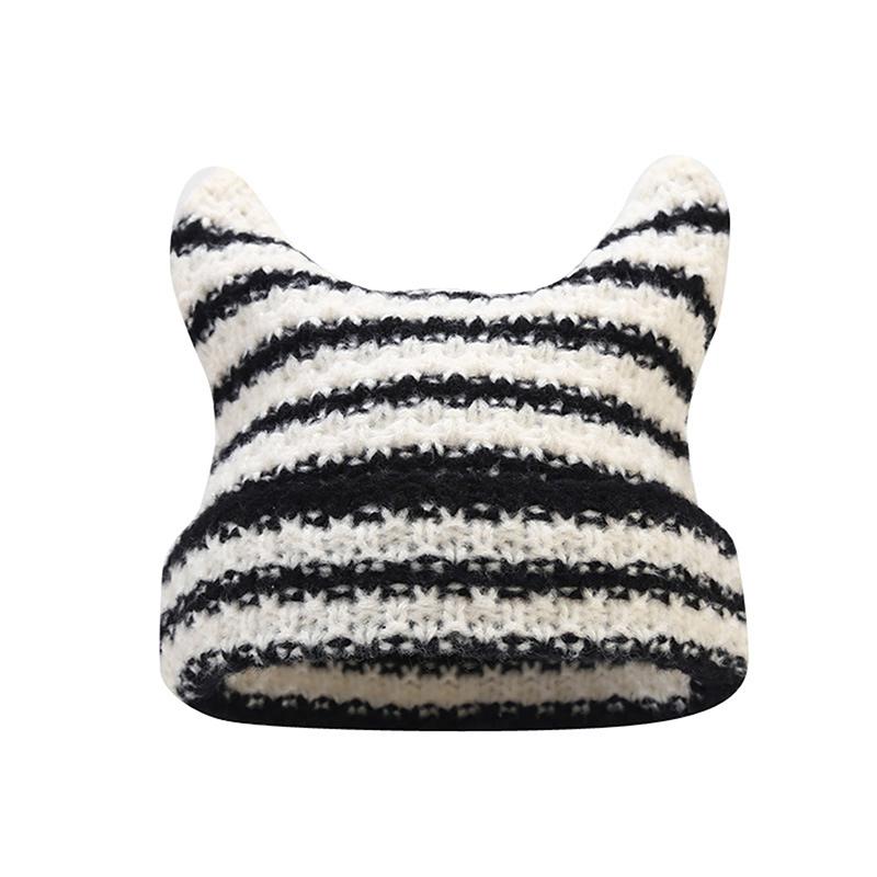 Japanese Streetwear Harajuku Beanie Little Devil Striped Knitted Hat Women Girls Autumn Winter Cute Cat Ears Cap