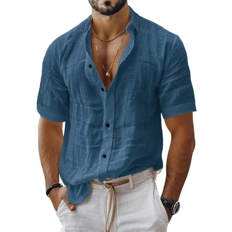 Camicia Casual da Uomo a Maniche Corte in Misto Lino con Bottoni