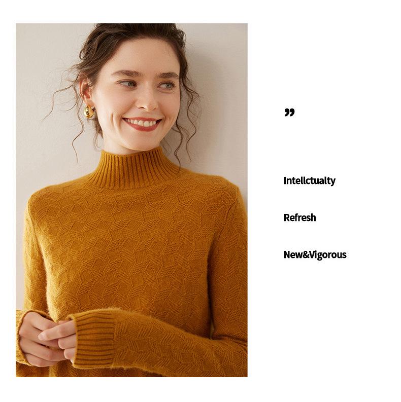 Twisted Flower Half-High Collar Cashmere Knit Sweater - Women's Loose Solid Color Casual Pullover, Long Sleeve Warm Top