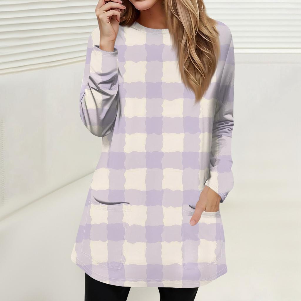 Women's Fashion Casual Pullover T-Shirt Round Neck Pocket Stripe Patchwork Printed Long Sleeve Top