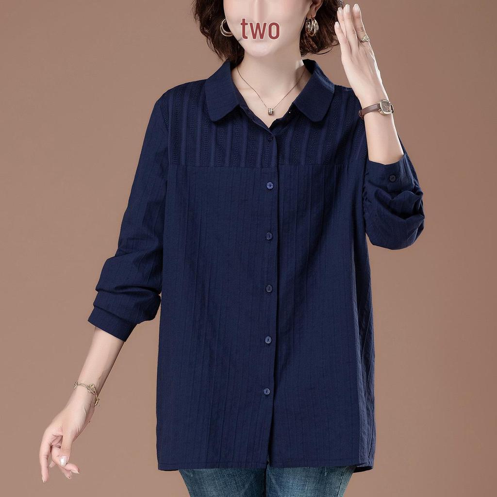 Bluzka damska z czystej bawełny w dużych rozmiarach z kołnierzykiem typu turn-down - Moda wczesnojesienna dla mam w średnim wieku