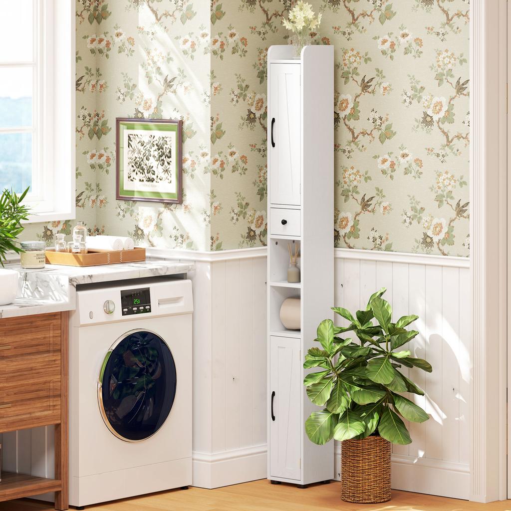 Tall bathroom cabinet, column storage unit, 2 doors, drawer, adjustable shelves, 20x20x185cm, white