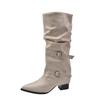 Pleated Retro Western Boots Women's New Fashion Casual Thick Heel Medium Boots Women's Knee Knight Boots