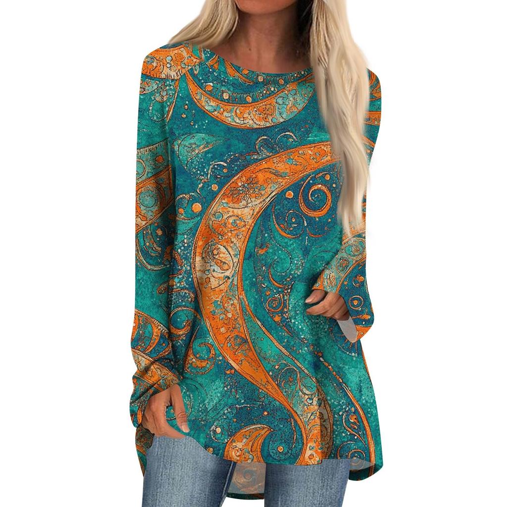 Women's Fashion Casual Long Sleeve  Print Round Neck Pullover Top Blouse