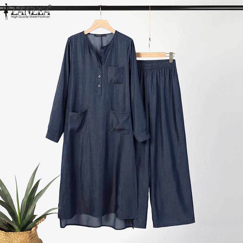 

ZANZEA Ретро наряды, женская длинная блузка и брюки, повседневный костюм из двух предметов
