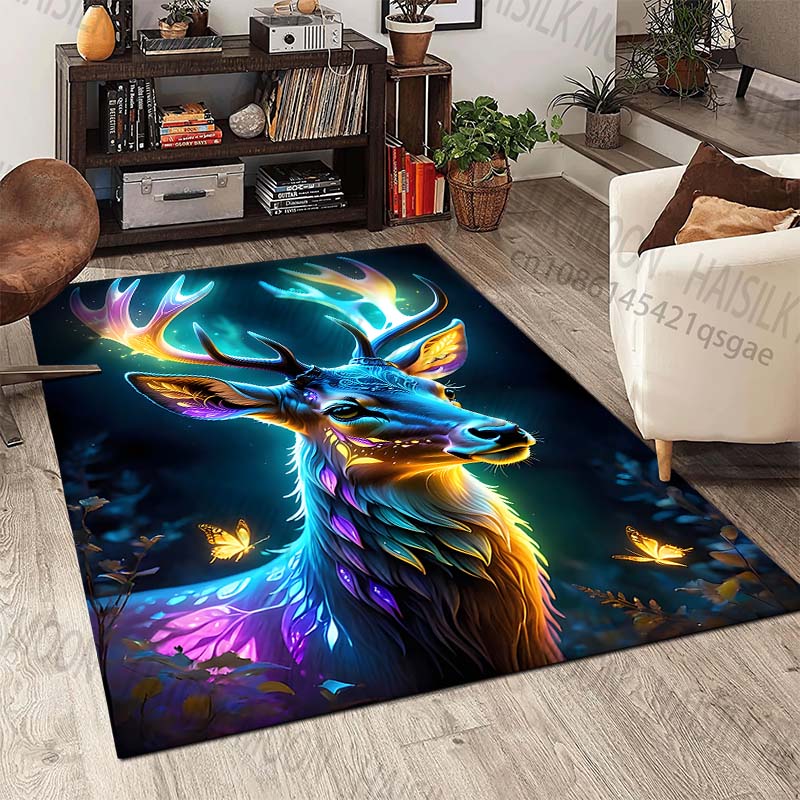 Dreamlike Glowing Deer with Butterflies Carpet for Living Room Bedroom Bedside Floor Mat Cloakroom Children Play Mat Area Rug
