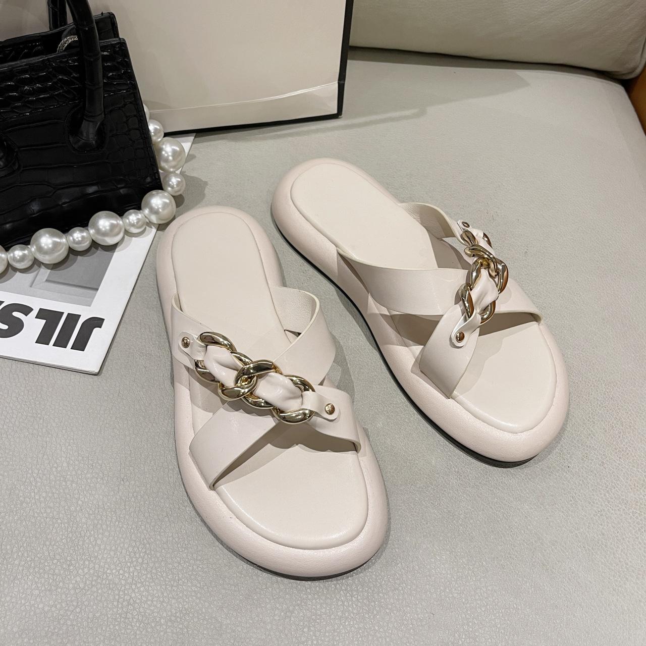 

Полутапочки женские новая мода плоская подошва крест металлическая цепочка сандалии на плоской подошве 40 абрикосовый