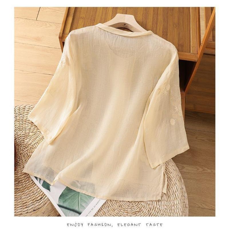 Women's Chinese Style Linen Blouse Floral Embroidery Frog Button 3/4 Sleeve Casual Top