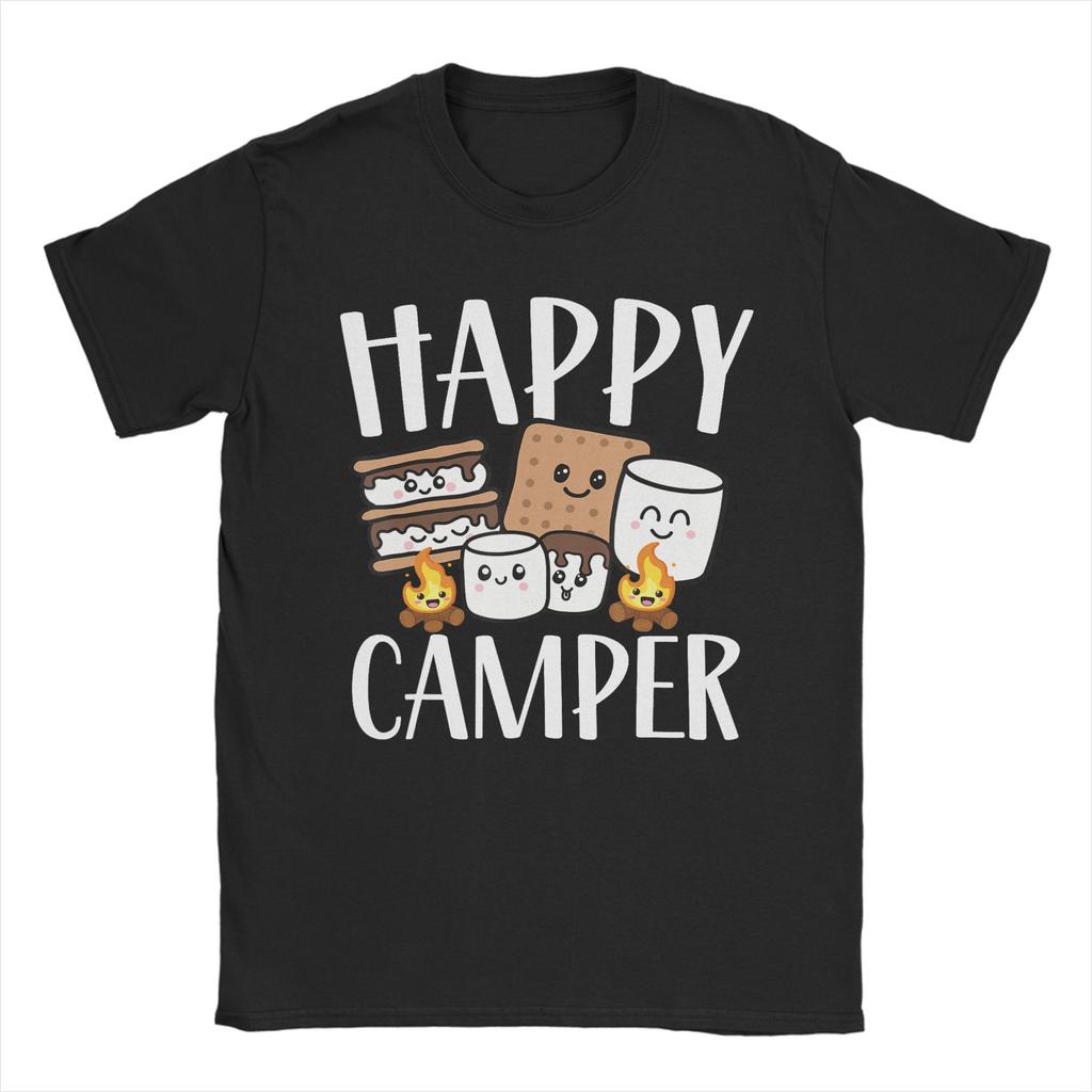 Kawaii Smore Happy Camper Camping Cotton TShirt For Men Summer Funny T Shirts O Neck Hipster Tees Plus Size Custom Logo Tops