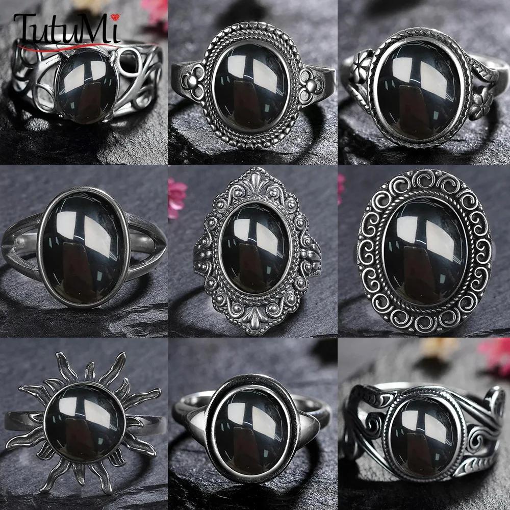 Vintage 925 Sterling Copper Ring Natural Black Onyx Ring Oval Round Stone Retro Fine Zircon Gift Sun Shaped For Women Men
