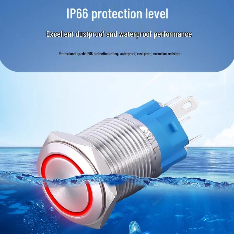 16MM Waterproof Metal Push Button Switch, Non-locking, Self-resetting, with Power Indicator Light, Compatible with 12V/24V Systems