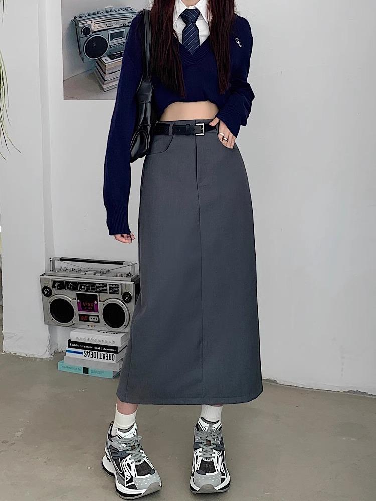 Plus Size Slimming Grey A-Line Midi Skirt with Slit