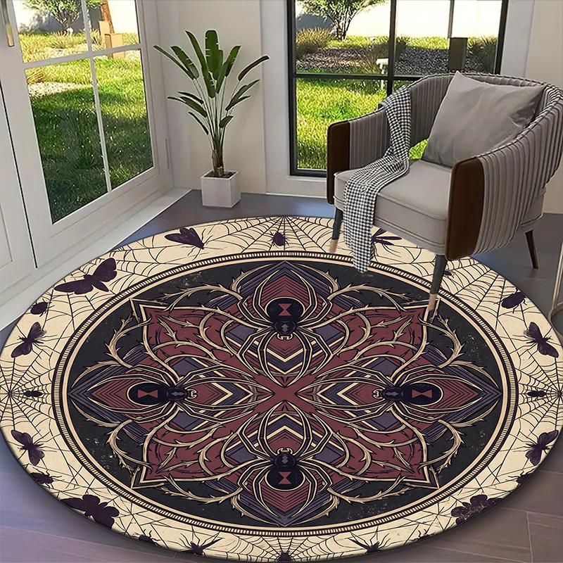 1pc Digital Printed Chair Rug for Home Office Use, Dark Gothic Spider Web Blooms Carpet Appropriate for All Seasons, Soft Round Carpet