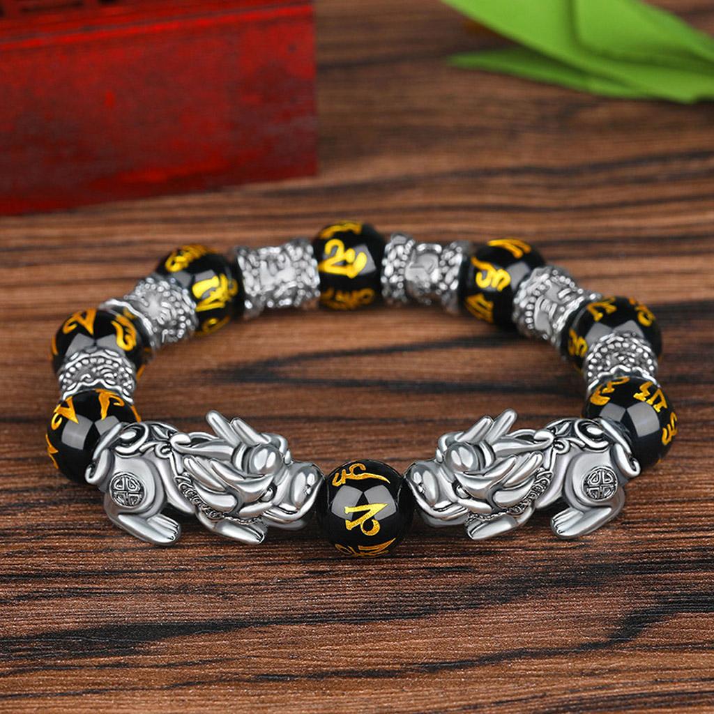 Men Six Words Pixiu Bead Bracelet Elegant Black Obsidian Stone Bracelets Chains