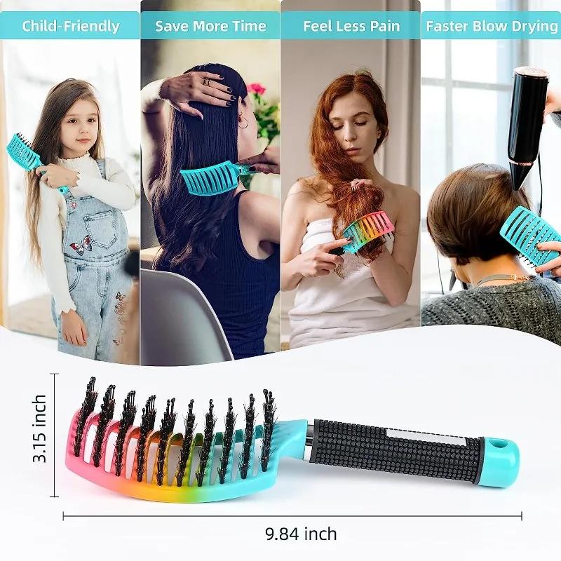 2pcs Barber Hairdressing Styling Wet Dry Boar Bristle Hair Brushes Curly Wet Dry Hair Detangling Massage Curved Vent Brush