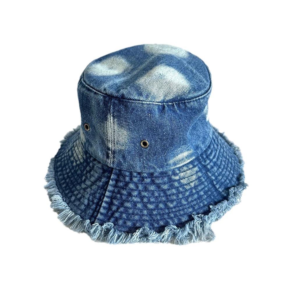 Fischerhut aus gewaschenem Denim, Vier-Jahreszeiten-Hut mit rauem Rand, Einfarbiger Damen-Sonnenhut