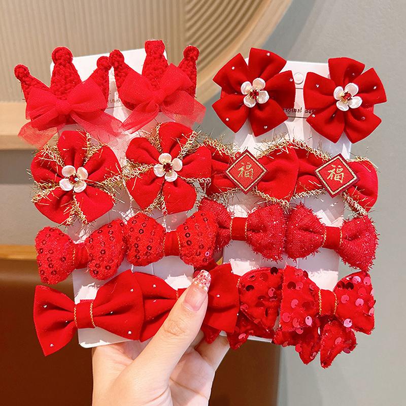 8Pcs/Set Kids Red Bows Hair Clips For Baby Girls Handmade Ribbon Bowknots Hairpins Barrettes  Year Christmas Hair Accessories