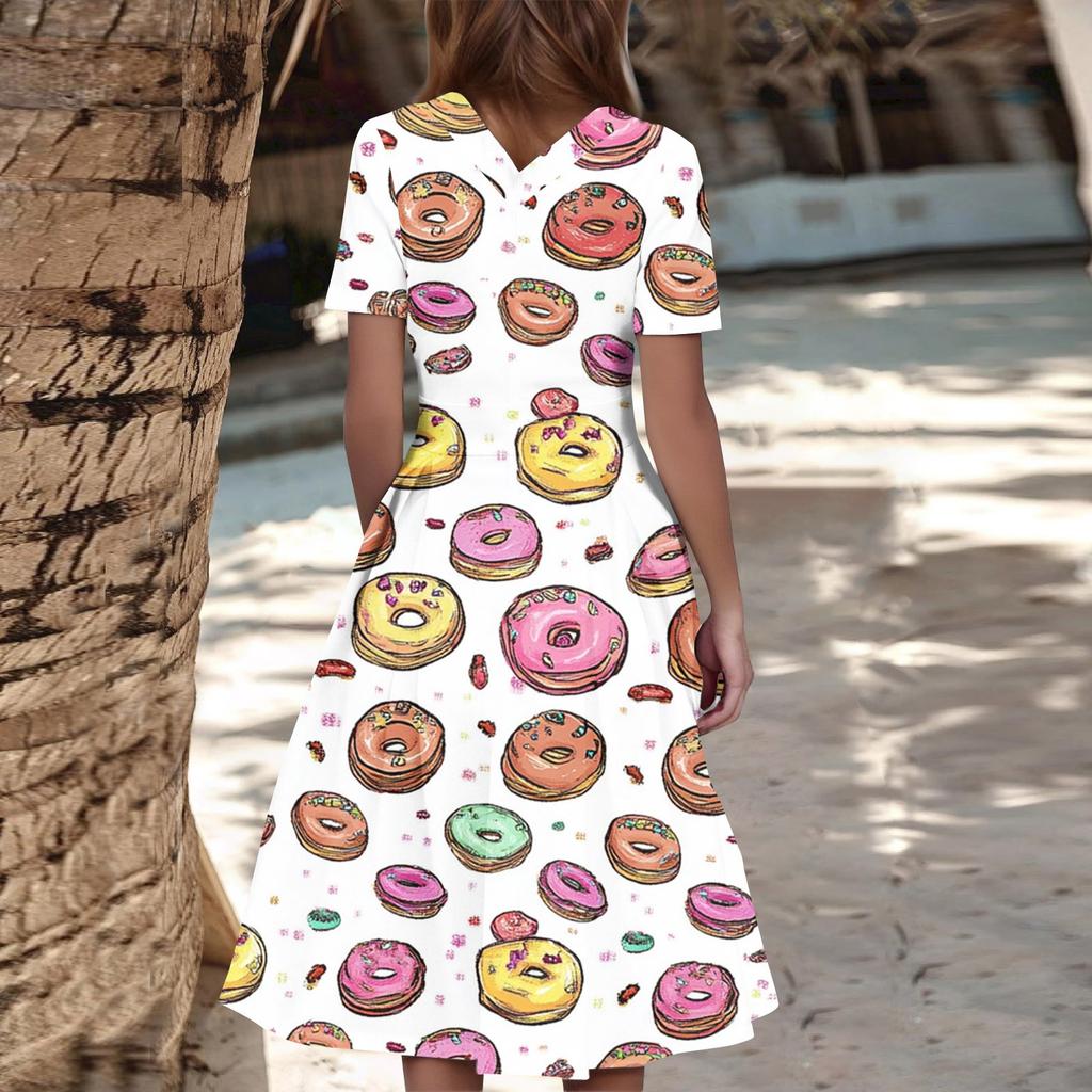 Women's Casual Fashion Dress Animal Floral Print Round Short Sleeve Waist Mid-Length Swing Dress (with Zipper)