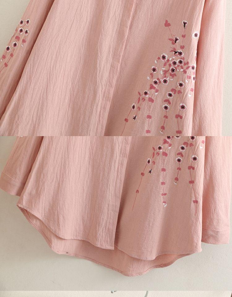 Spring Plus Size Women's Embroidered Cotton Linen Mid-Length Shirt 2025