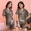 Women’s Sleep Lounge Wear Shirt and Short Pants 2 Pieces Sleeping Suit Leopard Plaid Pajamas Summer Home Casual Night Clothing Set