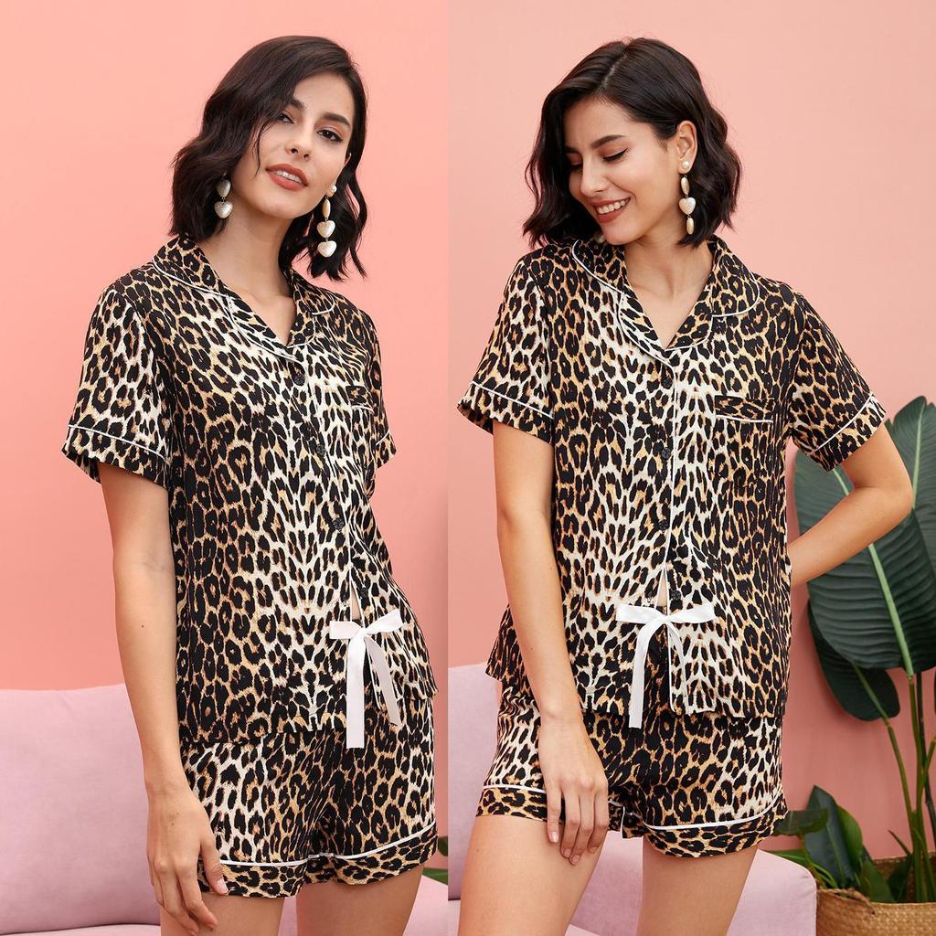 Women’s Sleep Lounge Wear Shirt and Short Pants 2 Pieces Sleeping Suit Leopard Plaid Pajamas Summer Home Casual Night Clothing Set