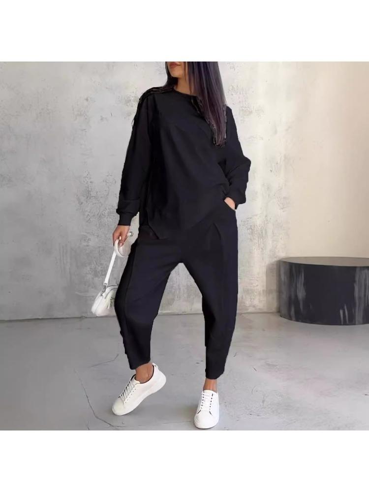 Women's Streetwear Comfortable Casual Workwear-Style Round-Neck Loose-Fit Asymmetrical Long-Sleeve Top and Trousers Set
