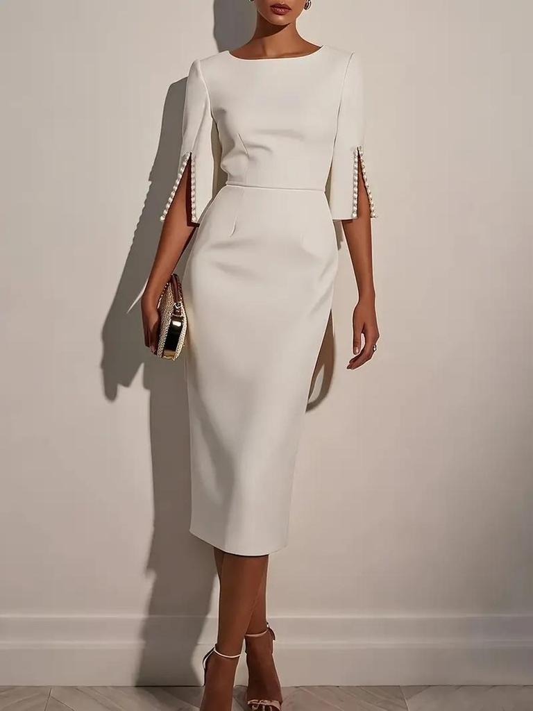 Rochie Elegantă Subțire cu Strassuri, Culoare Solidă, pentru Primăvară/Vară, pentru Navetă, Îmbrăcăminte pentru Femei