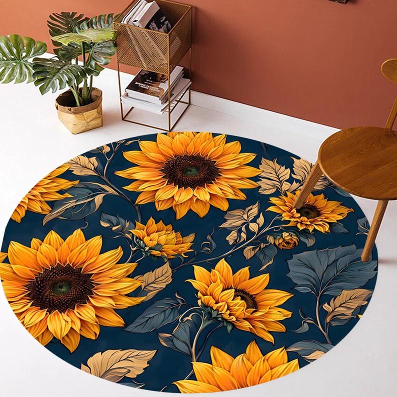 Sunflower Round Carpet Colorful Sunrise Floral Rug Boho Home Decor Water-absorbing Anti Slip Floormat for Living Room Decor