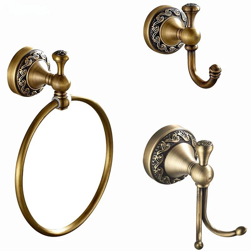 Bathroom Towel Holder, Wall Mounted Round Antique Brass Towel Ring Antique Hooks Double Hooks Bathroom Accessories
