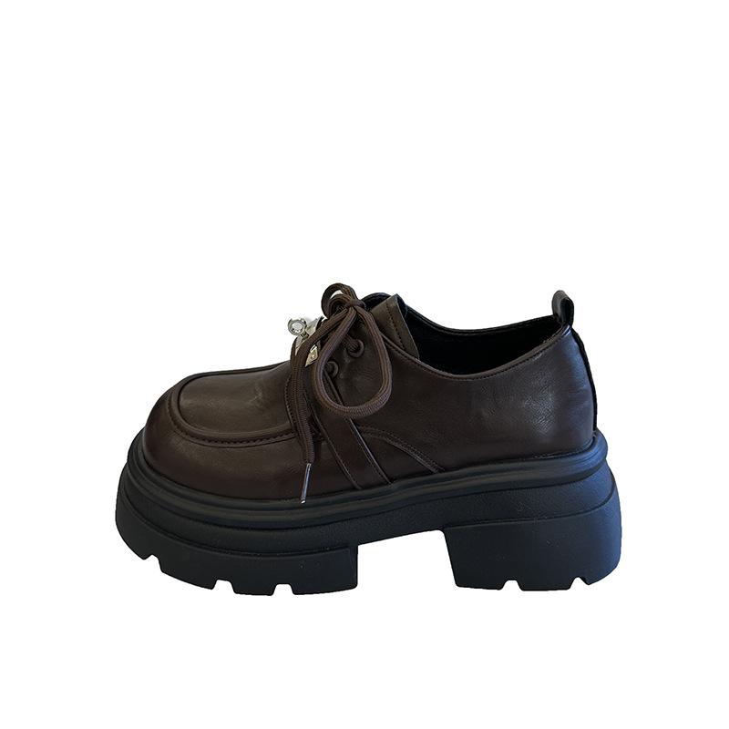 Thick-soled black small leather shoes women's 2025 spring new heightening lace-up British style retro versatile loafers single shoes