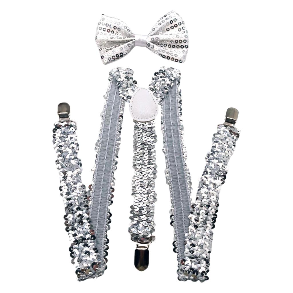Shimmering Suspenders and Bowtie Set for Men with Metal Clip Comfortable and Popular Costume Braces for Party Gathering