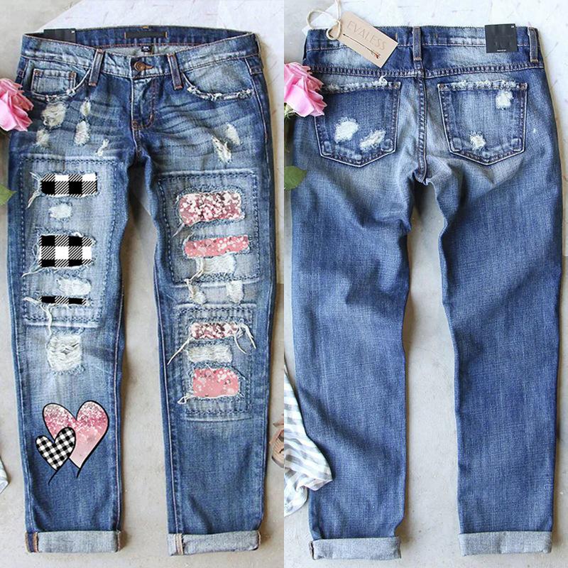 2023 Women's European and American Straight-Leg Jeans with Patch Print and Ripped Design