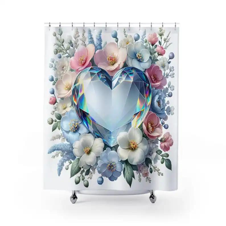 Diamond/Crystal Heart with Floral Accents, Shower Curtain, Elegant Bathroom Decor, Wedding, Beautiful Floral Design W90xH180cm