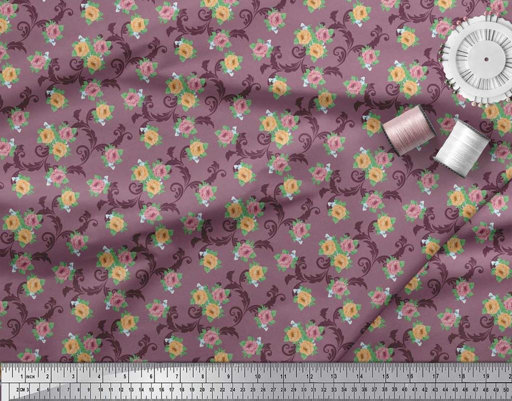 Soimoi Japan Crepe Satin Fabric Swirl,Leaves & Rose Floral Printed Fabric 1 Metre 42 Inch