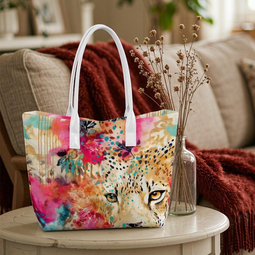 Watercolor Cheetah Printed Casual Shoulder Tote Bag for Daily Use