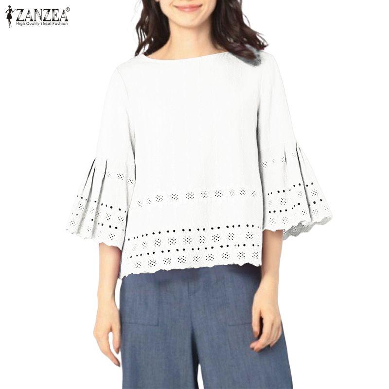 ZANZEA Women Casual Round Neck 3/4 Sleeve Loose Embroidery Patchwork Blouse