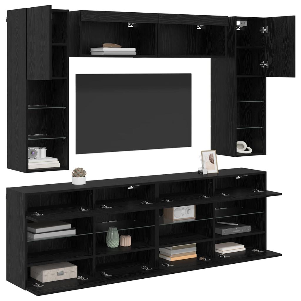 TV Wall Unit Set with LED 6 Pcs Black Oak Wood Based Material