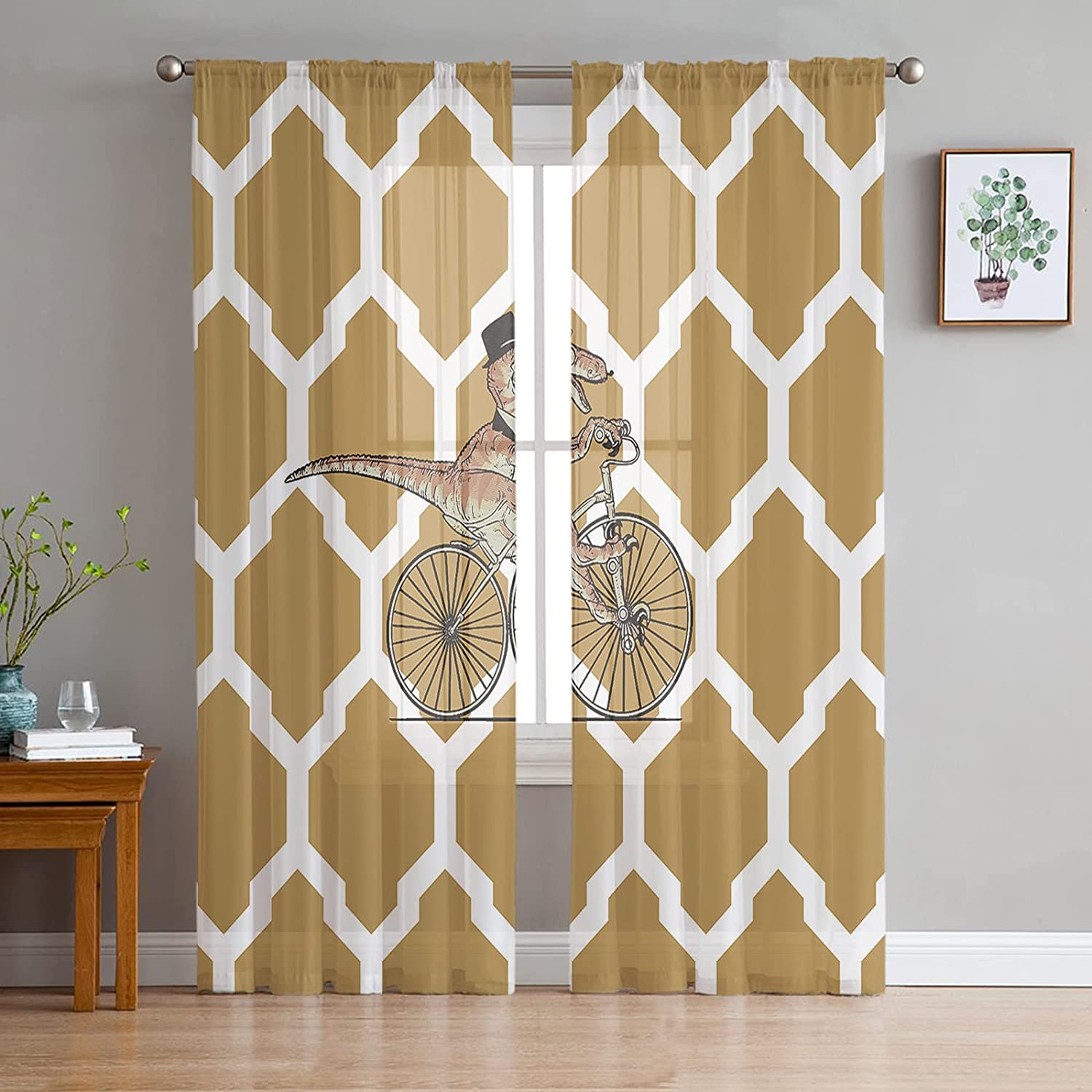 

Марокканские прозрачные вуали с геометрическим рисунком омбре, каваи, динозавр, прозрачные шторы для спальни, гостиной, кухни, шифоновые тюлевые шторы 1 PCS W100XH250cm&Grommet Top