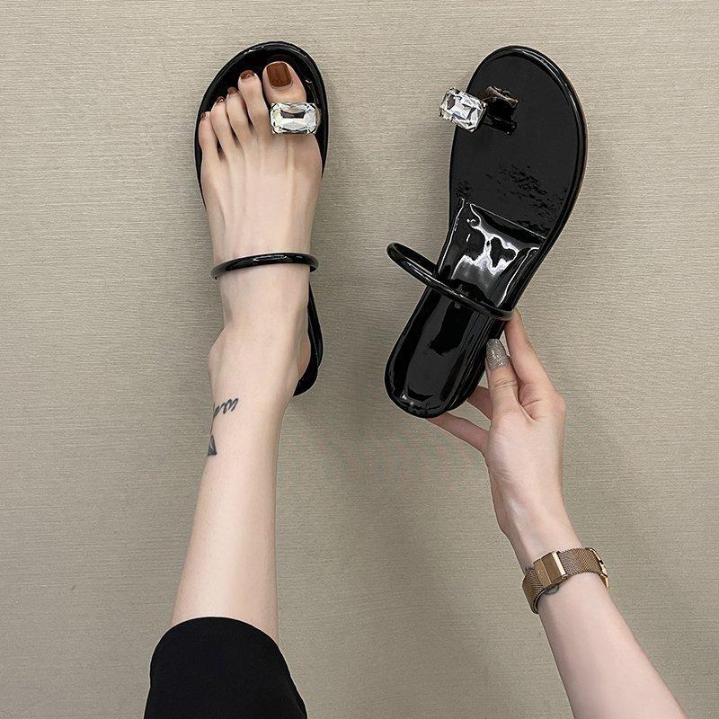 Slippers Women's Summer Wear Mirror Cover Toe Classic Internet Celebrity Rhinestone Cover Toe Flat Bottom Fashion Versatile Slope Heel Beach Sandals