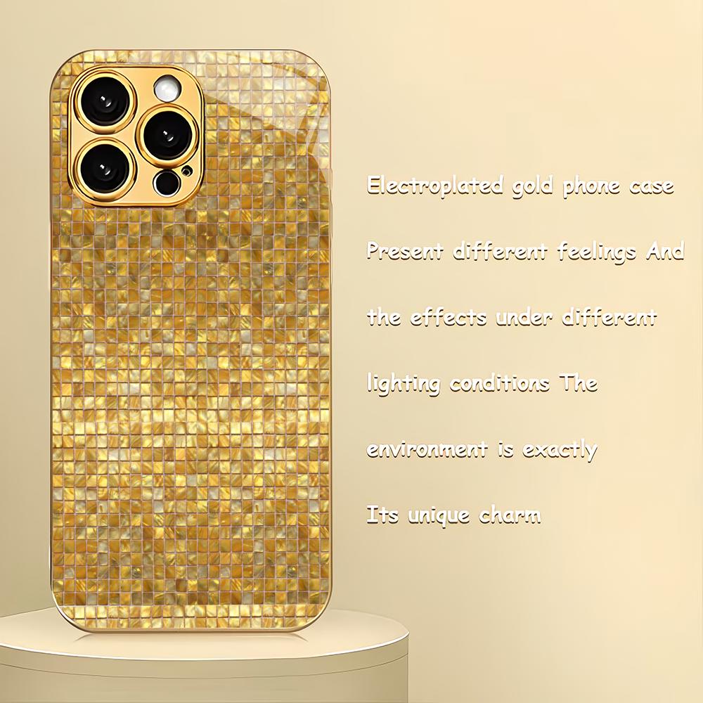 Golden Mosaic Electroplated Glass Phone Case Suitable for iPhone 17 16 15 14 13 12 11 Pro/Max/Plus Shockproof Back Cover