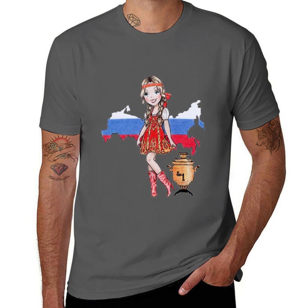 Russian Flag And Cute Russian Girl With Samovar TShirt Soft Cotton Print TShirt