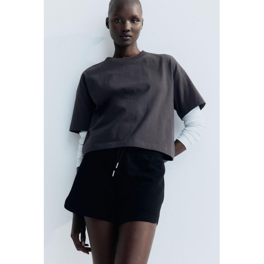 

H M Boxy Style Cotton T Shirt Dark Grey