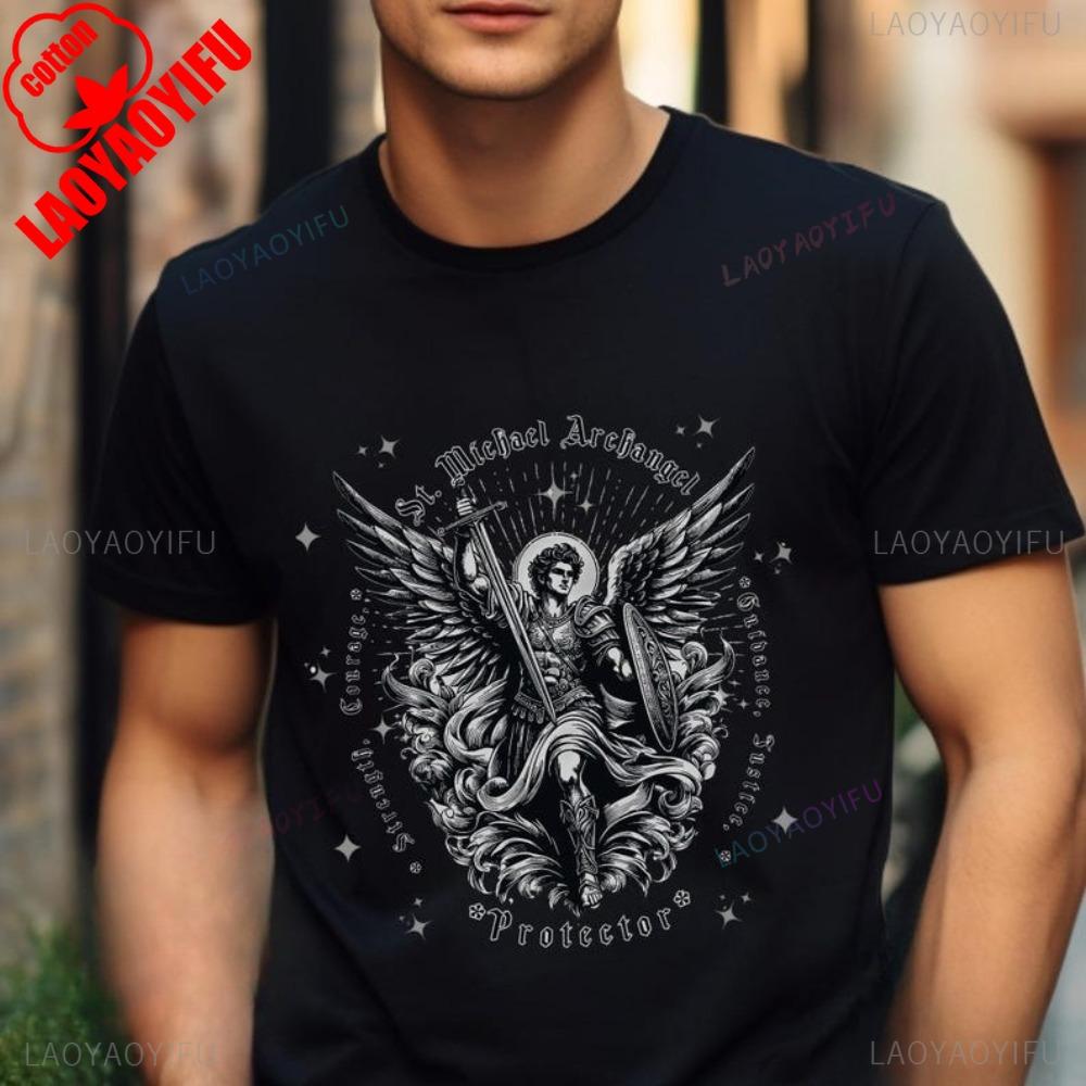 St Michael Archangel Tshirt Catholic Vintage ClipArt Gifts Shirt Retro Church Clothing Devotional  Men Women Cotton Tee Tops