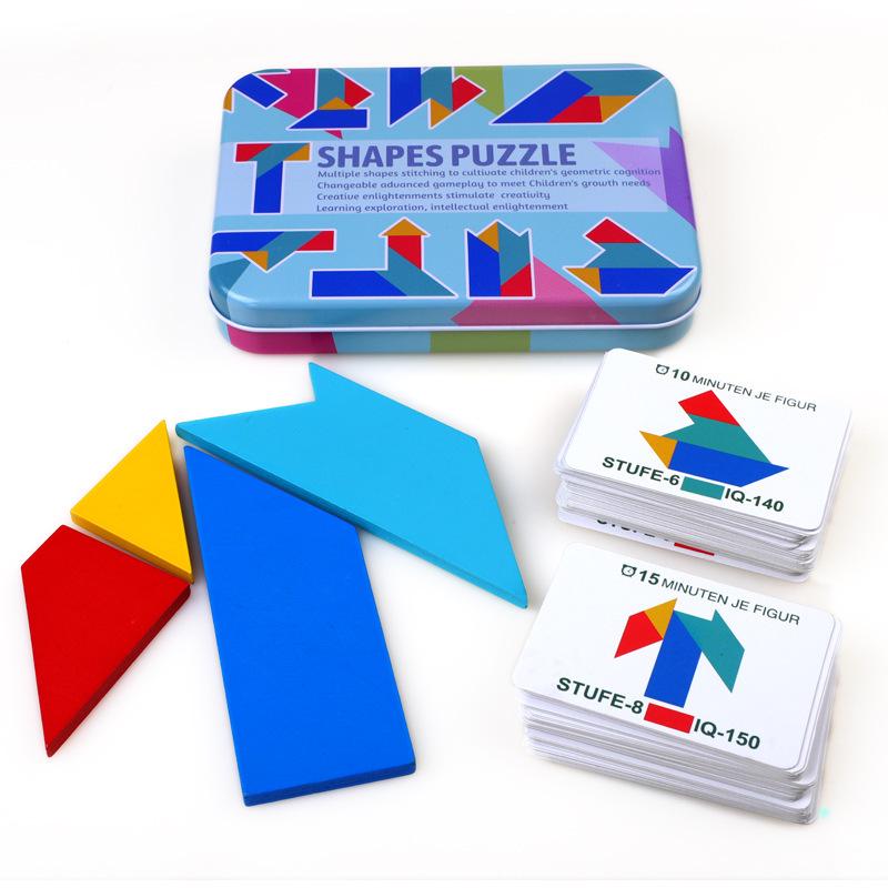 Colorful Tin Box Tangram: 4-Piece Early Education T-Puzzle Toy for Kids