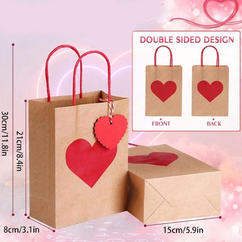 10PCS Valentine's Day Heart Candy Bags Kraft Paper Gift Bags with Handles for Weddings and Birthday Parties