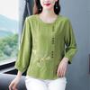 Spring Summer New Women Fashion Casual Office 3/4 Sleeve Embroidery Cotton Linen Big Plus Size Top T-Shirt L-5XL