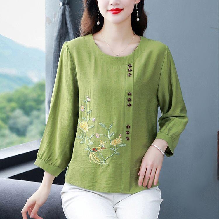 Spring Summer New Women Fashion Casual Office 3/4 Sleeve Embroidery Cotton Linen Big Plus Size Top T-Shirt L-5XL
