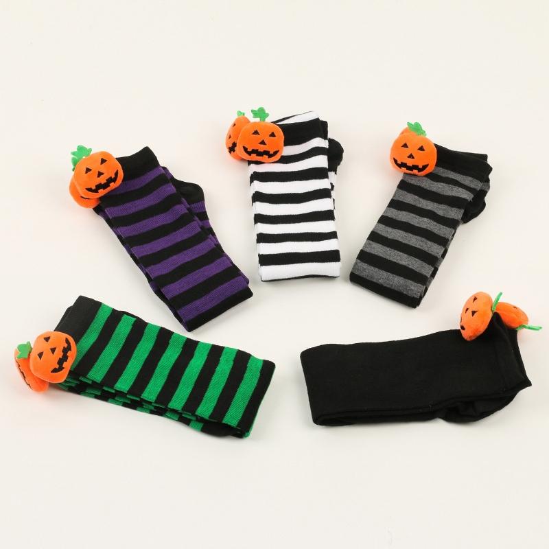 Women Halloween Over Knee Long Socks Cute 3D Wicked Evil Pumpkin Striped Print Thigh High Stockings Holiday Hosiery